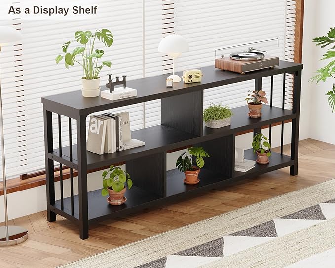 IBF 63” Black Bookshelf, Industrial Long Open Horizontal Cube Book Shelf, Low Wide Home 5 Cube Storage Organizer Shelf for Bedroom, Wood and Metal Cubby Bookcase for Living Room, Black Oak, 63 Inch