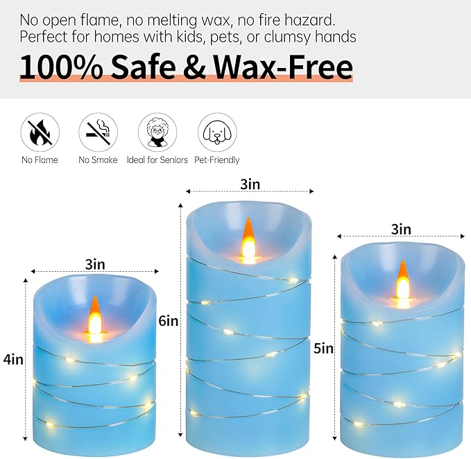HaitanghuaRechargeable flickering candle, with string lights, remote control, 2/4/6/8-hour timer function, USB rechargeable candle, real wax LED candle, (4/5/6 inch) sky blue, three-piece set.