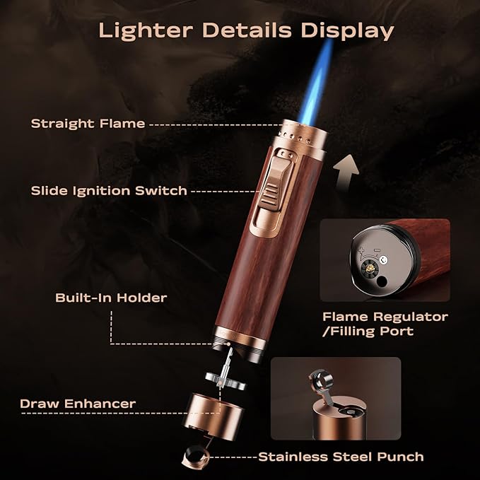 Torch Lighter, All-in-one Torch Lighter with Punch, Holder, Draw Enhancer Tool, Windproof Jet Flame Lighters, Gifts for Men Accessories, Refillable Butane Lighters for Candles, Travel (Without Gas)