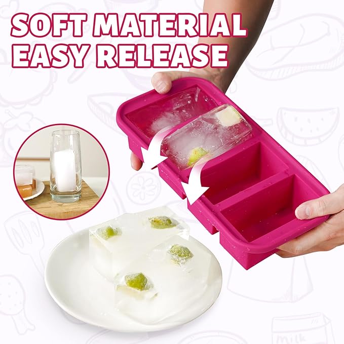 SHIKORI Silicone Freezer Tray With Lid, Silicone Freezer Food Molds, Large Ice Cube Tray, Silicone Freezer Container,Freeze & Store Soup, Sauce, Broth,Leftovers (Red-4 Cups)