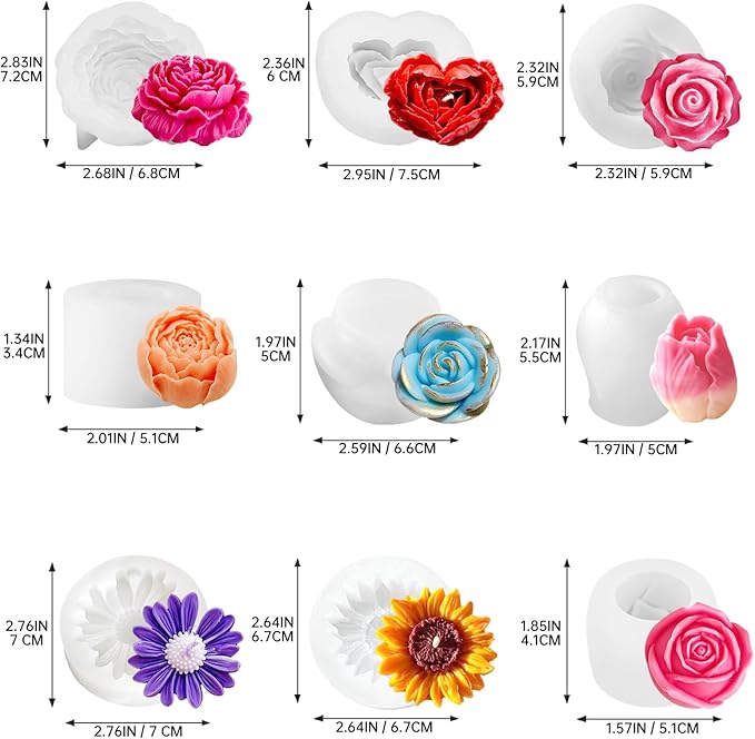 9 PCS Flower Candle Resin Molds,3D Heart Rose Tulip Daisy Peony Silicone Molds for Candle Soap Chocolate Making Valentine Mother Day Silicone Mold Rosas Silicona para Velas