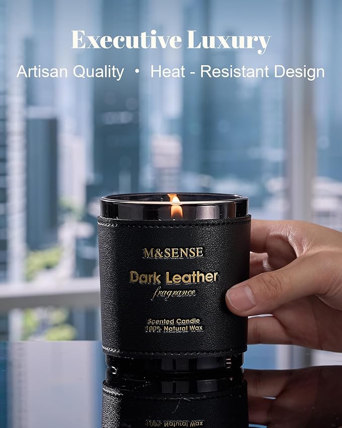 M&SENSE Tobacco Leather Berries Vegan Soy Candles, Heavy Scented 10oz 42-Hour Long Burning, Winter Home Fragrance for Cozy Relaxation, Housewarming New Year Gifts for Men & Women