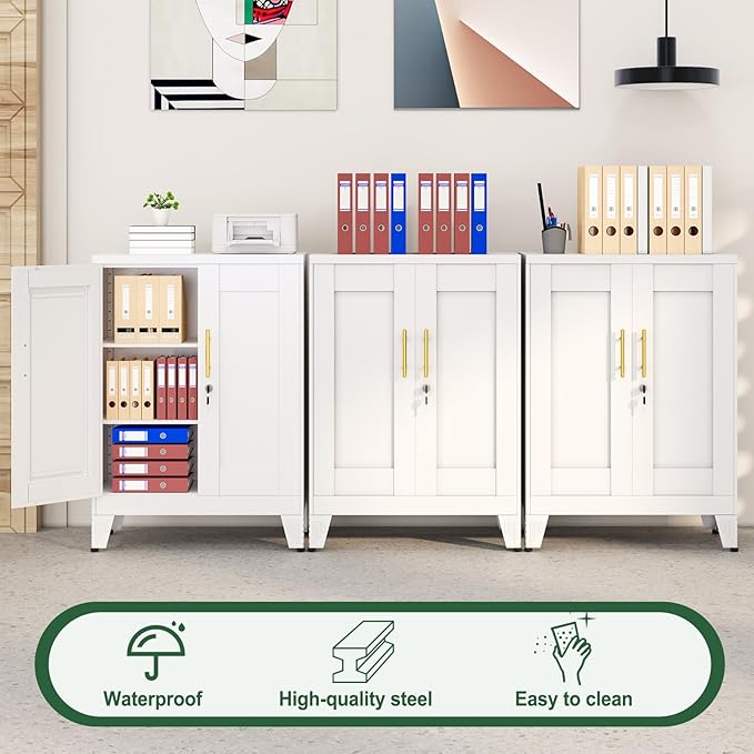 White Metal Storage Cabinet, 36" Tall Locking Storage Cabinet with 2 Adjustable Shelves, Steel Locker Organizer, for Office, Home, School, 11.81" D x 23.62" W x 35.83" H