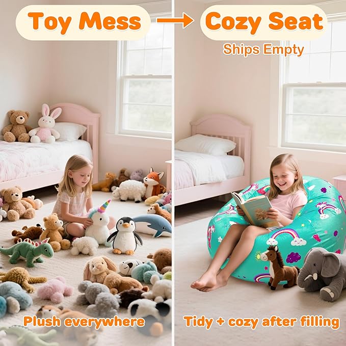 Lukeight Unicorns Stuffed Animals Storage Bean Bag Chair Cover Only (Ships Empty, No Filling) - Velvet YKK Zipper Beanbag Cover for Toddlers and Kids, Washable Plush Toy Organizer, Large 27" D x 16" H