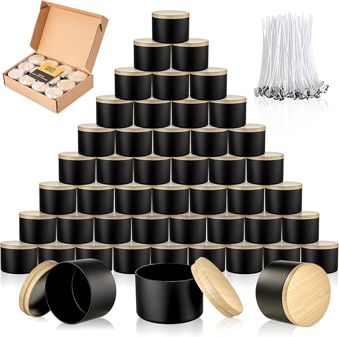 MGLIFEUL Candle Tins Jars Container Vessels for Making 4 8 Oz Black Empty Candle Tins Can Gift Box Packaging Plate with Lids Wax Container Bulk Making DIY Candle Supplies Accessories(Black,4oz,48pcs)