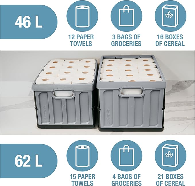 CleverMade Collapsible Storage Bins with Lids (46L, 3 Pack) – Stackable Foldable Plastic Storage Crates for Home, Closet & Trunk Organization - Stone
