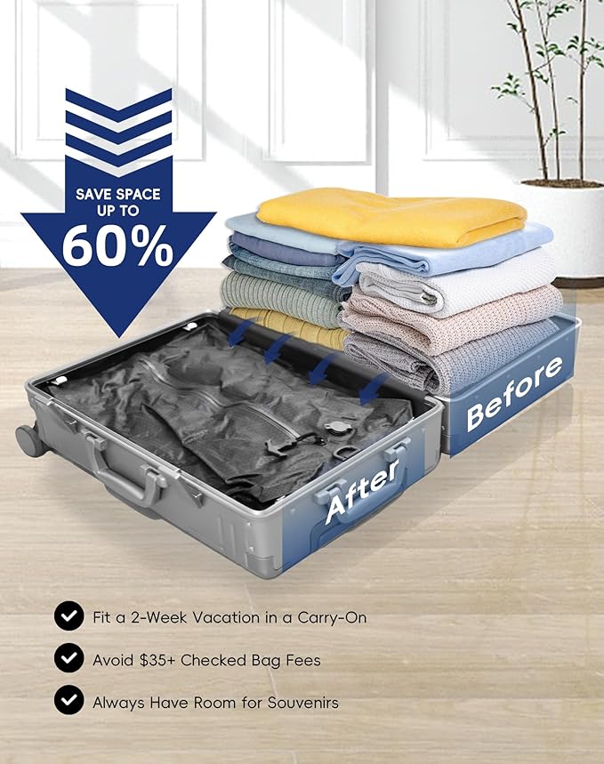 Travel Vacuum Bags with Wireless Pump, Reusable Vacuum Compression Bags for Suitcase, Space Saver for Luggage, Airtight & Waterproof, Perfect for Frequent Travelers & Business Trips (1-Pack)