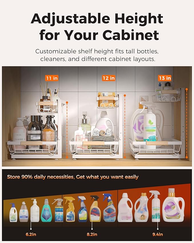 3 Pack Under Sink Organizer, Multi-Purpose 2 Tier Pull-Out Metal Under Kitchen Sink Organizer, Height Adjustable Storage Shelves for Kitchen Bathroom Cabinet (White)