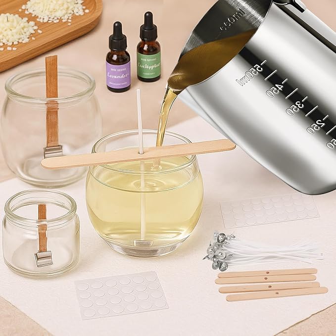Blingfun Candle Making Pouring Pot, Stainless Steel Wax Melting Pot with Candle Wicks, Wick Stickers & Holder for Scented Candle Making and Wax Crafts