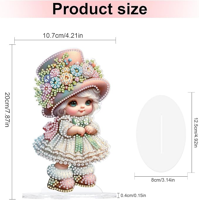 antor 5D Cute Diamond Art Painting Tabletop Ornament Kit, Acrylic DIY Diamond Art Desktop Ornaments Doll Figurine with Floral Hat, Special Shaped Crystal Diamond Painting Table Top Home Office Decor
