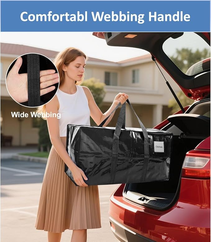 6 Pack Extra Large Moving Bags with Reinforced Handles, Heavy-Duty Storage Tote for Dorm Room Essentials with Strong Zipper,Packing Moving Boxes for College Supplies,Black