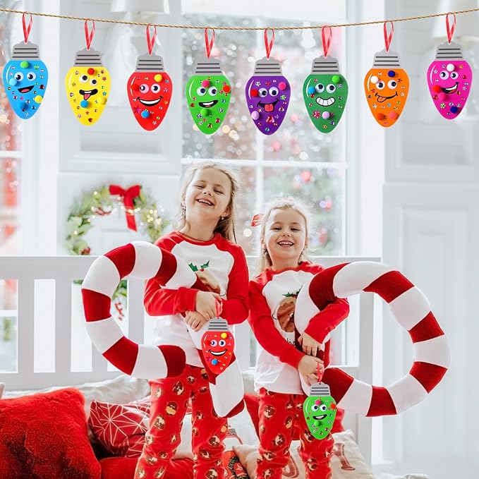 Funrous 48 Sets Christmas Crafts Kit Colorful Lights Bulbs Expression Paper Crafts DIY Xmas Tree Hanging Ornaments Decorations with Pompoms Diamond Stickers Eyes Arts Classroom Activities Party Favor