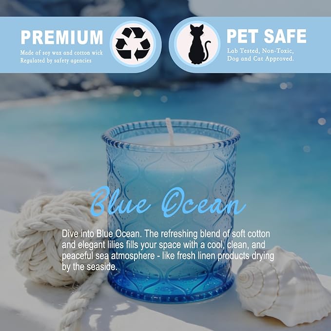 Blue Ocean Scented Candles for Women, Vegan Soy Wax Jar Candles, 50-Hour Burning Time, No Toxin Subtle Scented Home Fragrance for Summer Bathtub Aromatherapy Calming, Gifts for Women & Men
