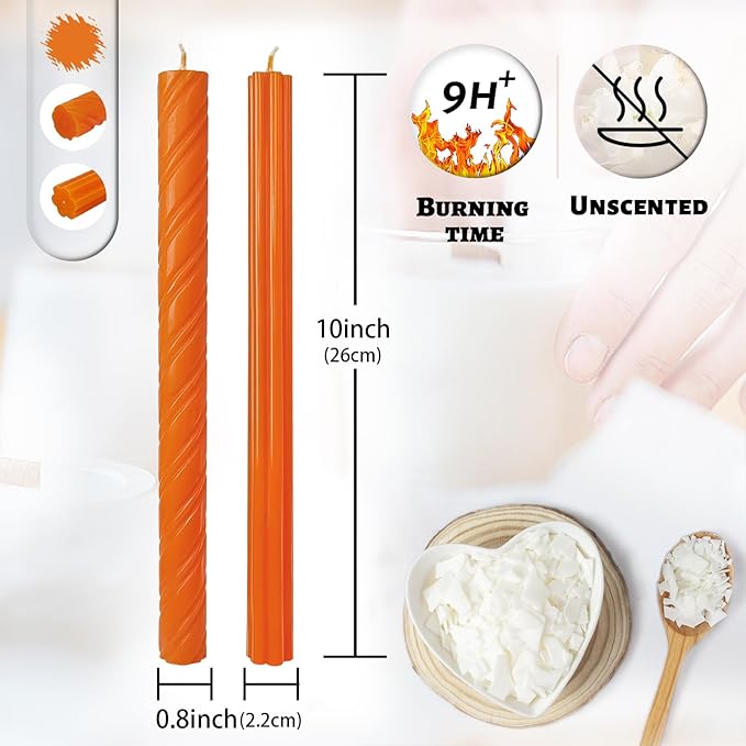 Dripless Unscented Orange Spiral Taper Candles Smokeless Long Lasting Burn 10 Inch Elegant Roman Column Candlesticks for Home Décor Holiday Gift,Set of 6
