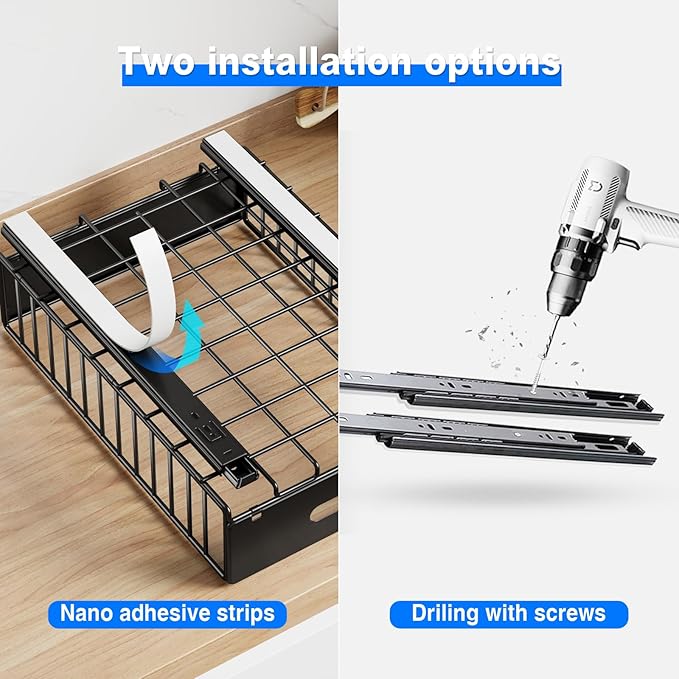 2 Pack Pull Out Cabinet Organizer, Slide Out Drawers for Cabinets, Peel and Stick, Heavy Duty Shelves for Kitchen, Cupboard, Pantry, Bathroom (16.5"D*11.8"W*3.94"H-Black)