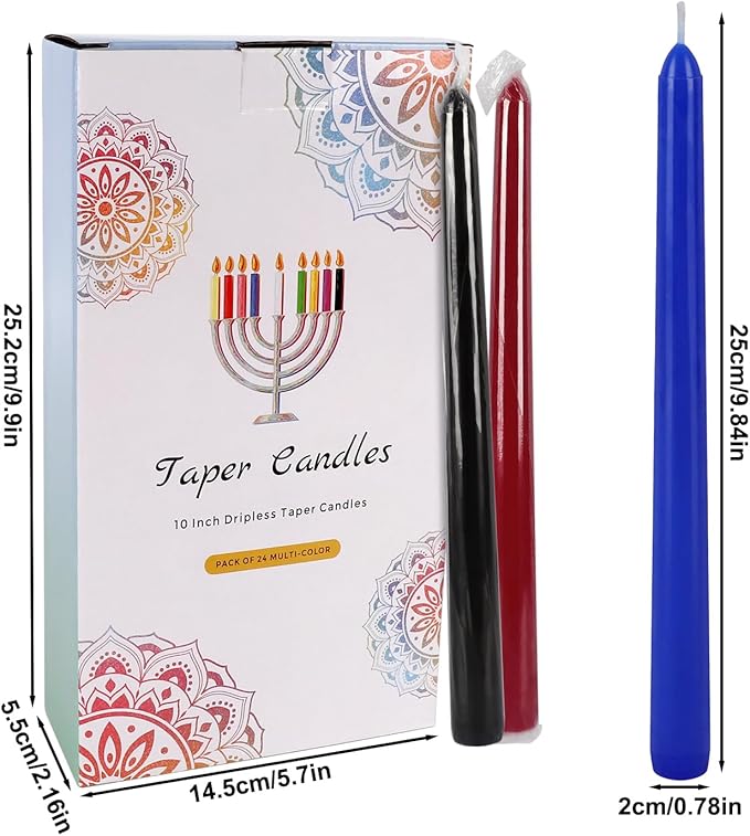 24 Pack 10" Tall Colored Taper Candles, Dripless Unscented Colorful Candlesticks for Birthdays Dinner Party Home Décor, Long Burning Spell Chime Candles for Meditation.