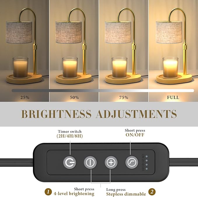Gold Candle Warmer Lamp with Timer Dimmer, Height Adjustable Electric Candle Warmer Wax Heater with Wooden Base 2 Bulbs, Birthday Gifts for Women Her, Mom, House Warming Gifts New Home