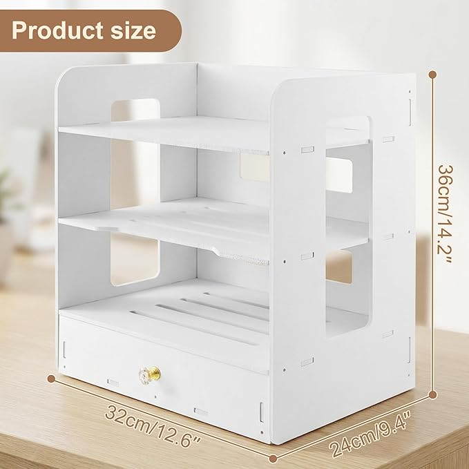 Desk Organizer, 3-Tier File Organizer for Desk with Drawer, Letter Tray Paper, Desktop Document Sorter for Letter, File Folder Holder for Office, Home or School- White MLT002W3