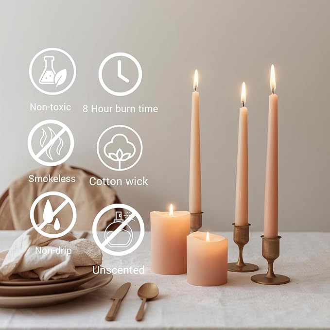 Tapered Dinner Candles - Soy & Paraffin Blend, Dinner Candles with Long-Lasting 7-Hour Burn for Stylish Homes - Candle in Curated Colors Ideal Gift for Hosts, Brides & Event Planners-Peaches