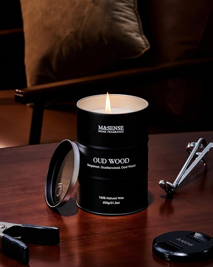 M&SENSE Oud Wood Large Scented Candles Natural Soy Wax, 21.2oz Long Lasting Up to 120 Hours Burning Time, Unique Candle Gifts for Men Women