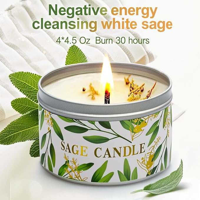 4 Pack Sage Candles, White Sage Candle with Crystal Healing Stones for Cleansing House Negative Energy Smudge Kit, Natural Soy Wax Aromatherapy Candles Gift Set Spiritual Meditation Housewarming Gifts