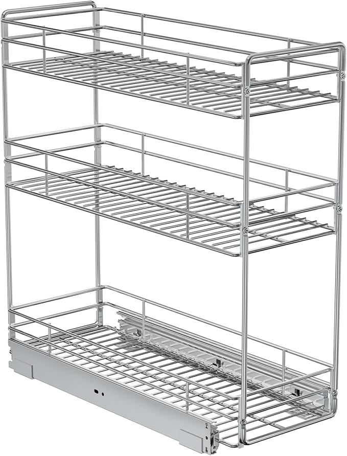 ROOMTEC 3-Tier Pull Out Cabinet Organizer for Narrow Cabinet (8.5" W X 20.5" D), Kitchen Cabinet Organizer and Storage Cabinet Pull Out Shelves Under Cabinet Storage for Kitchen, Chrome