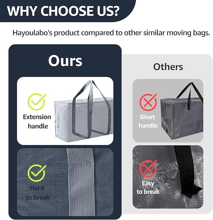 Moving Bags Heavy Duty Extra Large, Moving Boxes, Moving Supplies Essentials,Storage Bins with Lids, Plastic Packing Totes, Storage Bags for Clothes with Handles & Zippers(Grey, 4 Pack)