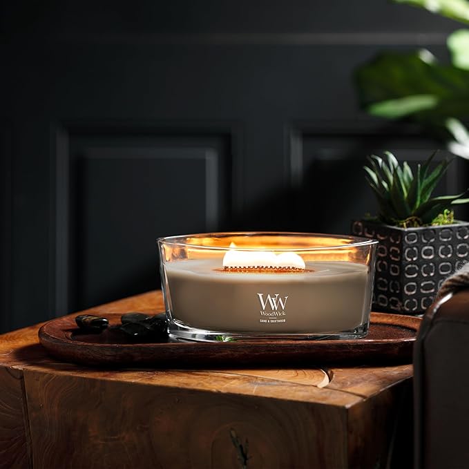 WoodWick Sand & Driftwood Gifts for Women and Men, 16 oz Ellipse Candle with Crackling Wick