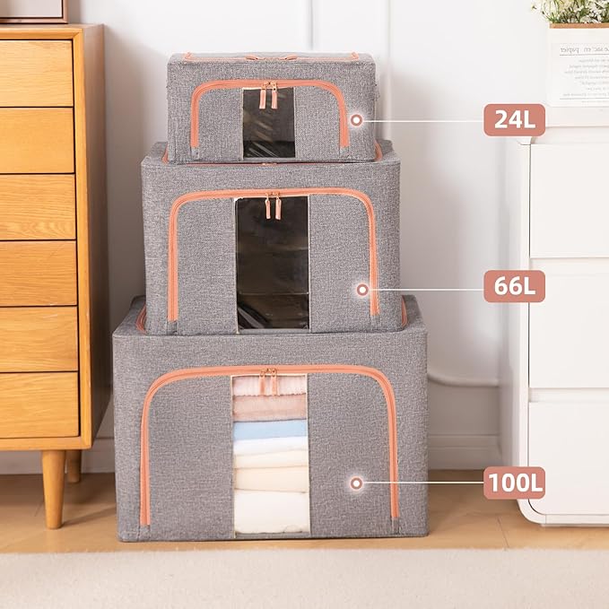 GuliPostan 24L Stackable Clothes Storage Bins with Metal Frame Handles & Zipper, Collapsible Closet Organizer Box with Lid for Bedding Blankets Towel (Grey,1 pack)