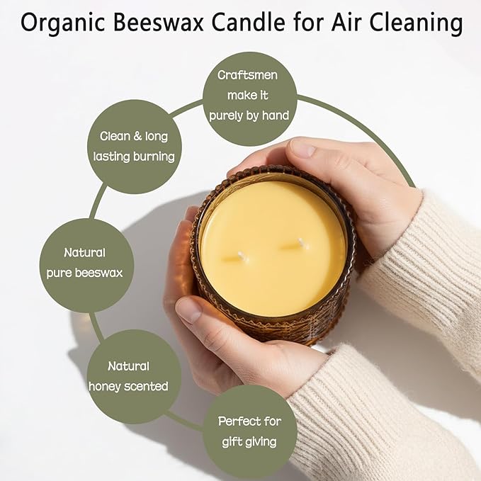 Organic Beeswax Candles in Glass Jar, 100% Pure Beeswax Jar Candles, 2-Wick Unscented Bees Wax Candle for Home, Gifts for Women & Men, Non Toxic, Natural, 40 Hour (Style 1)