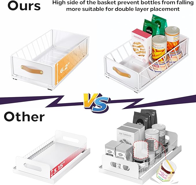 Pull out Cabinet Organizer,Heavy Duty Slide out Pantry Shelves Drawer Storage with Adhesive Nano Film,Sliding Mesh Cabinet Basket with Handle for Kitchen, Bathroom, Home, 9.8"W X 15.7"D X 6.2"H,White