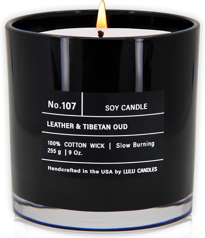 Lulu Candles | Leather & Tibetan Oud | Luxury Scented Soy Jar Candle | Hand Poured in The USA | Highly Scented & Long Lasting- 9 Oz.