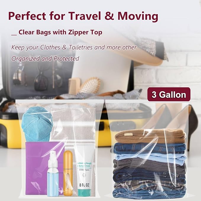 Large Plastic Bags With Zipper Top,3 Gallon,16" x 18",20 Pack,Extra Large Storage Packing for Clothes,Travel, Moving, Large Reusable bags,Heavy-Duty,BPA-Free, 2-mil Thick Clear Plastic