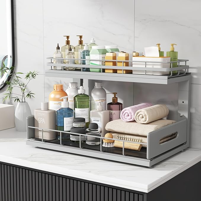 Under Sink Organizer Upgrade To Professional Rails,2-Tier Dual Pull Out Cabinet Storage,Height Adjustable Slide Out Drawers For Bathroom Kitchen,1 Pack-18.5"Dx12.8"-16.9"H,Gun Gray