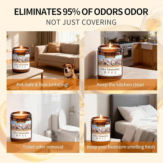 Clean & Pure Cotton Odor Eliminating Candles | Eliminates 95% of Pet, Smoke & Bathroom Odors – 7 oz Hand Poured Non-Toxic Soy Candle - Fresh Air Scented Candle Gentle for Pet - Gifts for Families