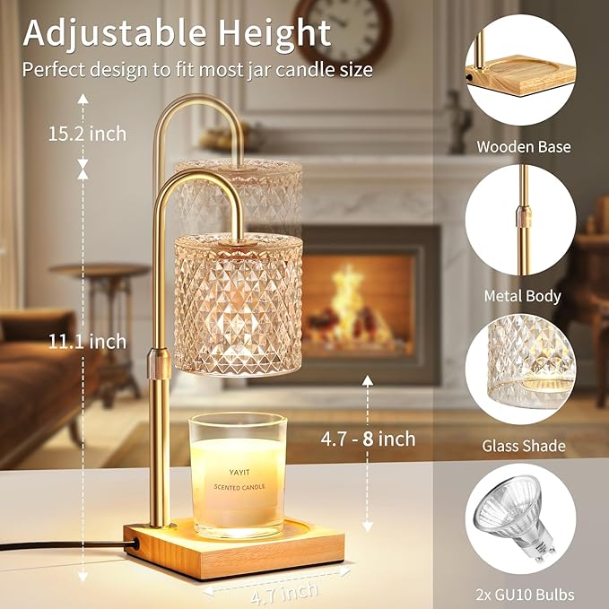 Candle Warmer Lamp with Timer Dimmer Adjustable Height, Candle Warmer with 2 Bulbs for Jar Candles, Home Decor, for Women Birthday