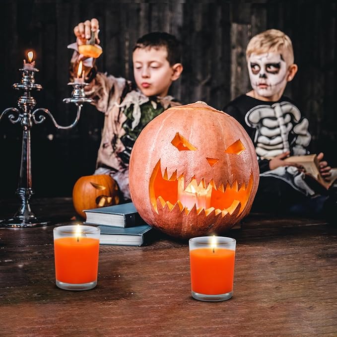 20 Packs Unscented Orange Votive Candles in Clear Glass, Small Bulk Natural Soy Wax Scentless Fall Colored Candles for Thanksgiving Halloween Harvest Home Holiday Spa Decoration