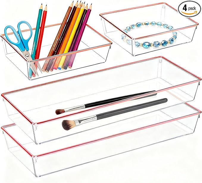 4 Pack Large Size Clear Stackable Drawer Organizer Trays, Rose Gold Rim Makeup Drawer Storage Tray Divider, Desk Storage for Makeup, Jewelry, Bathroom, Stationary, Kitchen Utensils and Office Desk