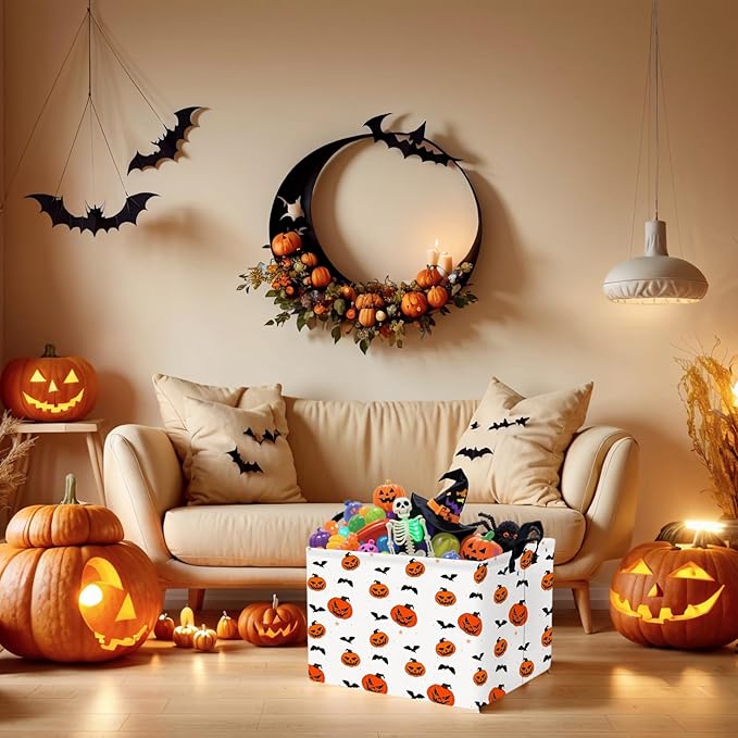 Large Halloween Basket Gift Personality Pumpkin Ghost Parties Decor Kid Trick or Treat Basket for Boys and Girls Rectangular Storage Bin Box (Pumpkin Bat)