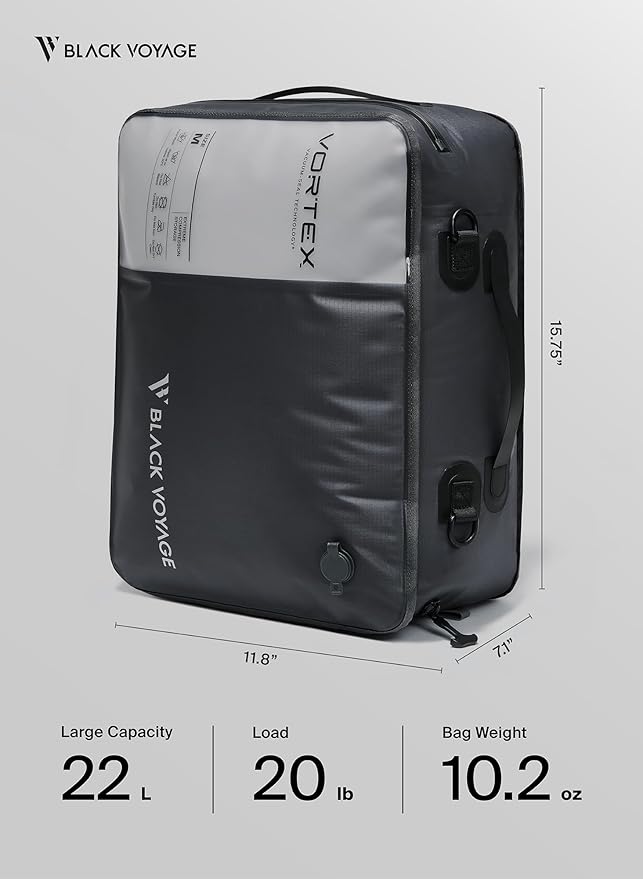 Black Voyage Reusable Vacuum Compression Travel Bag for Carry-On Suitcase and Backpack, Recycled IP67 Waterproof Space Saver (2-Pack, 21L - No Pump)