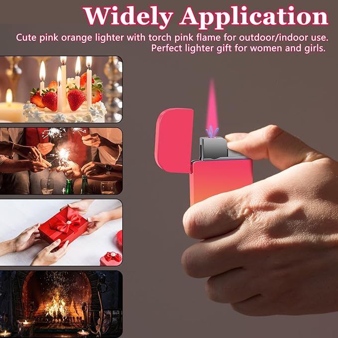 2 Pack Pink Flame Torch Lighter, Cute Lighter, Refillable Butane Lighter,Windproof Torch Lighter for Outdoor Camping BBQ,Nice Gift for Girls,Women on Birthday,Anniversary Orange Pink Without Butane
