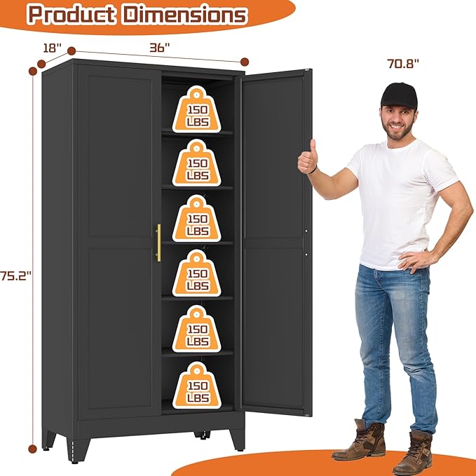 Black Metal Storage Cabinet,75" Steel Cabinets for Home Office, Kitchen Pantry Storage Cabinet with Doors and 5 Adjustable Shelves, Tool Cabinets, for Office, Home, Garage, School, 36W