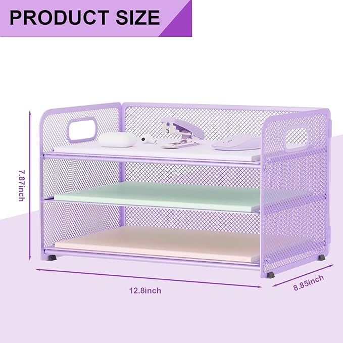 3 Tier Paper Letter Tray Organizer for Desk, Mesh File Folder Document Organizer with Handle for Home Office Supplies Desktop Accessories, Purple