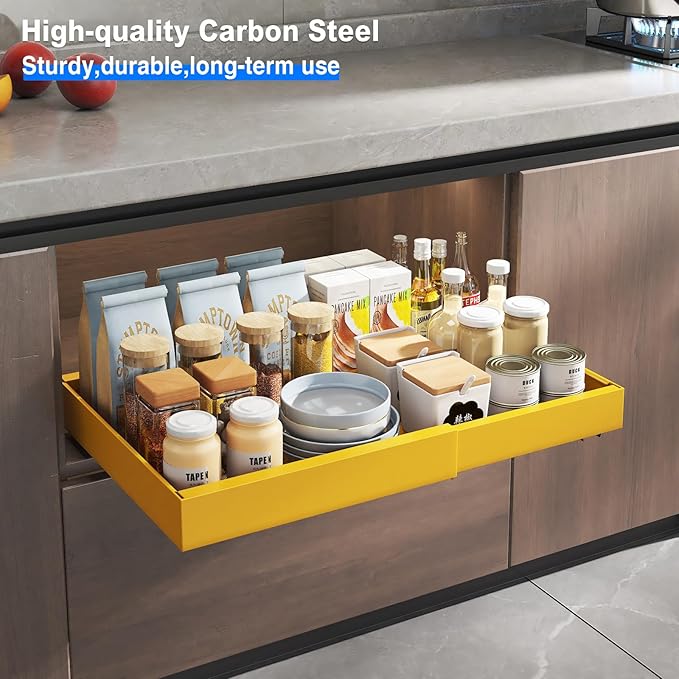 2 Pack Pull Out Cabinet Organizer, Expandable Slide Out Drawers for Kitchen Cabinets Peel and Stick Pullout Drawer Heavy Duty Sliding Shelves for Cupboard, Pantry, Bathroom(16.5" Deep, Yellow)