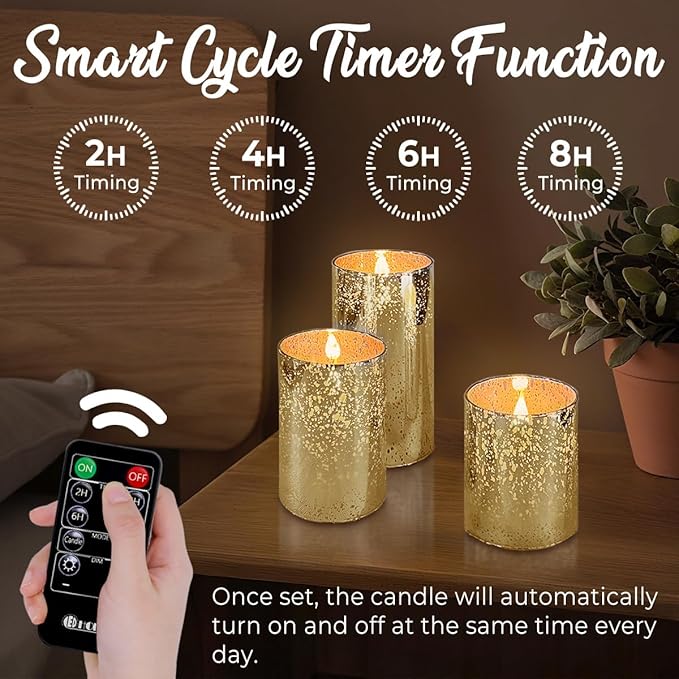 Rechargeable Flameless Candle, Flickering LED Pillar Glass Fake Candle with Remote and Timer, Built-in Battery Real Wax Electronic Candle for Room Decoration, Set of 3