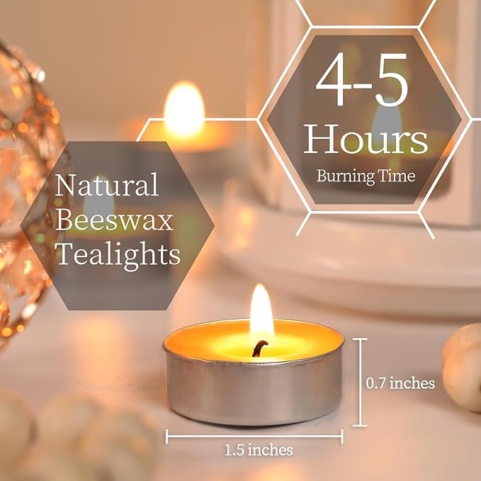 24 Packs Beeswax Tealight Candles, Pure Beeswax Tea Lights Candle, Natural Organic Tealights Candles Unscented Smokeless Clean Burning with 4 Hour Burn Time