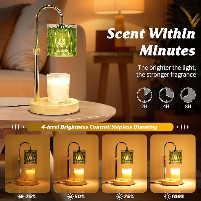 Candle Warmer Lamp with Timer and Dimmable, Electric Wax Melt Warmers Height Adjustable with 2 Bulbs, Christmas Gifts for Women Mom House Warming, Modern Home Decor for Scented Jar Candles Green