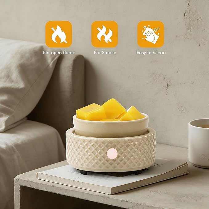 Wax Melt Burner Warmer with Timer Ceramic 4-in-1 Electric Candle Warmer Auto Shut-Off for Scented Wax Melts, Candle Jars, Essential Oil, Coffee Cup Warmer Home Decor Fragrance Gifts for Women - Beige