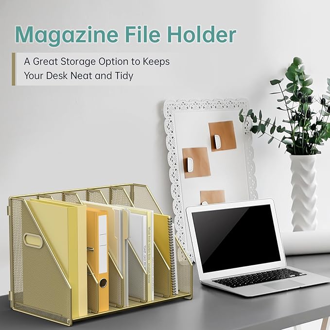 MINDEPOT Desk File Organizer Metal Desk Magazine Folder Holder with 5 Vertical Compartments Rack File Organizer for Office, Home, School (Gold)