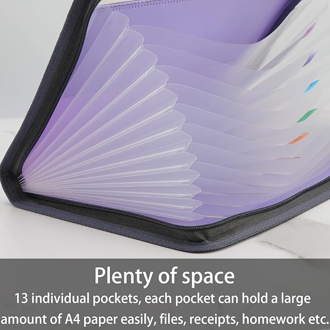 NAFY Accordion File Organizer, 13 Pockets Expanding File Folder with Zipper, A4 Letter Size Portable Accordion Expanding File Folders with 27pcs Colour Labels for Home Office School Supplies (Lilac)